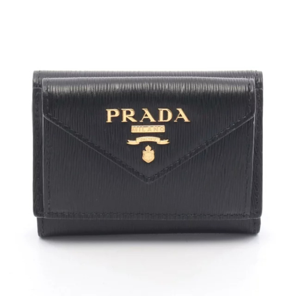 Prada VITELLO MOVE Compact Wallet Tri fold Leather Black
